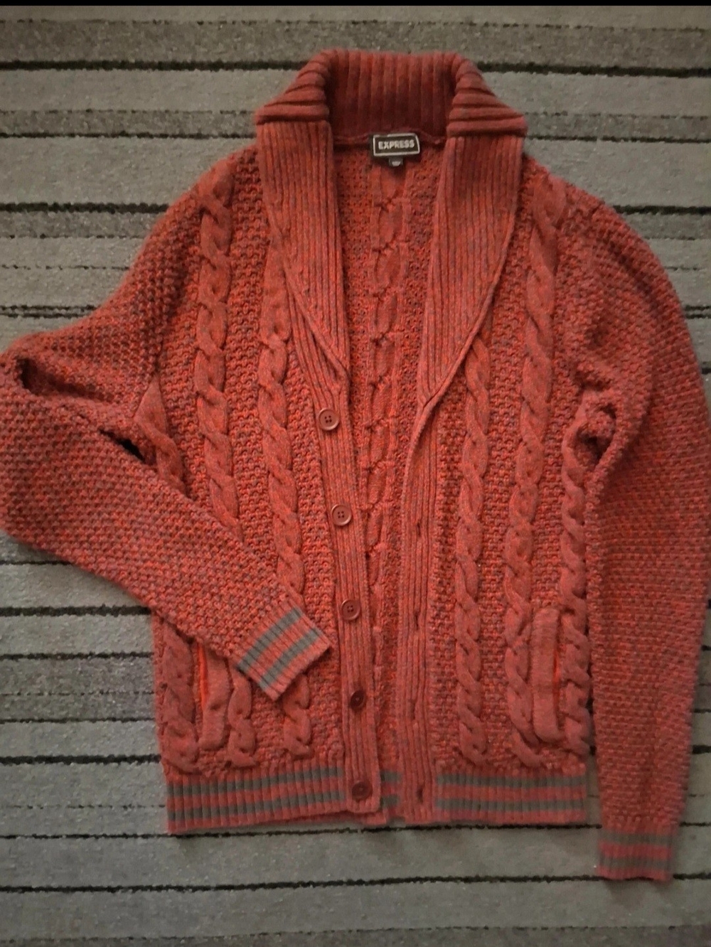 Vintage Express Cable Knit Button Up Collar Pocket Cardigan Size Medium